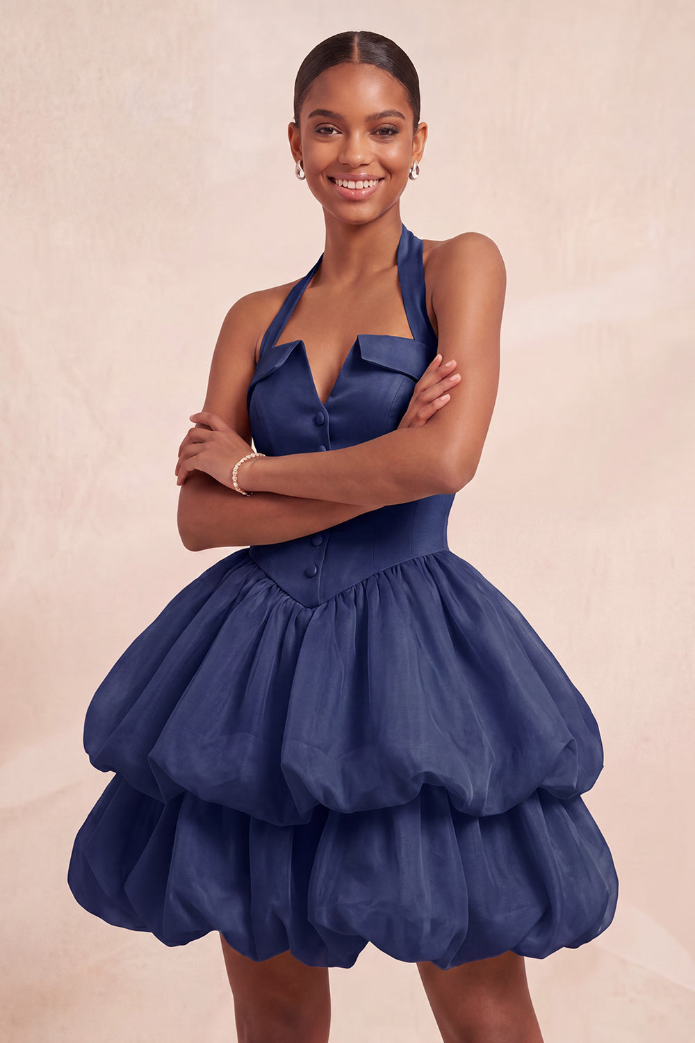 Pink Halter Tiered Short Corset Homecoming Dress with Covered Buttons