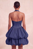 Pink Halter Tiered Short Corset Homecoming Dress with Covered Buttons