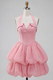 Pink Halter Tiered Short Corset Homecoming Dress with Covered Buttons