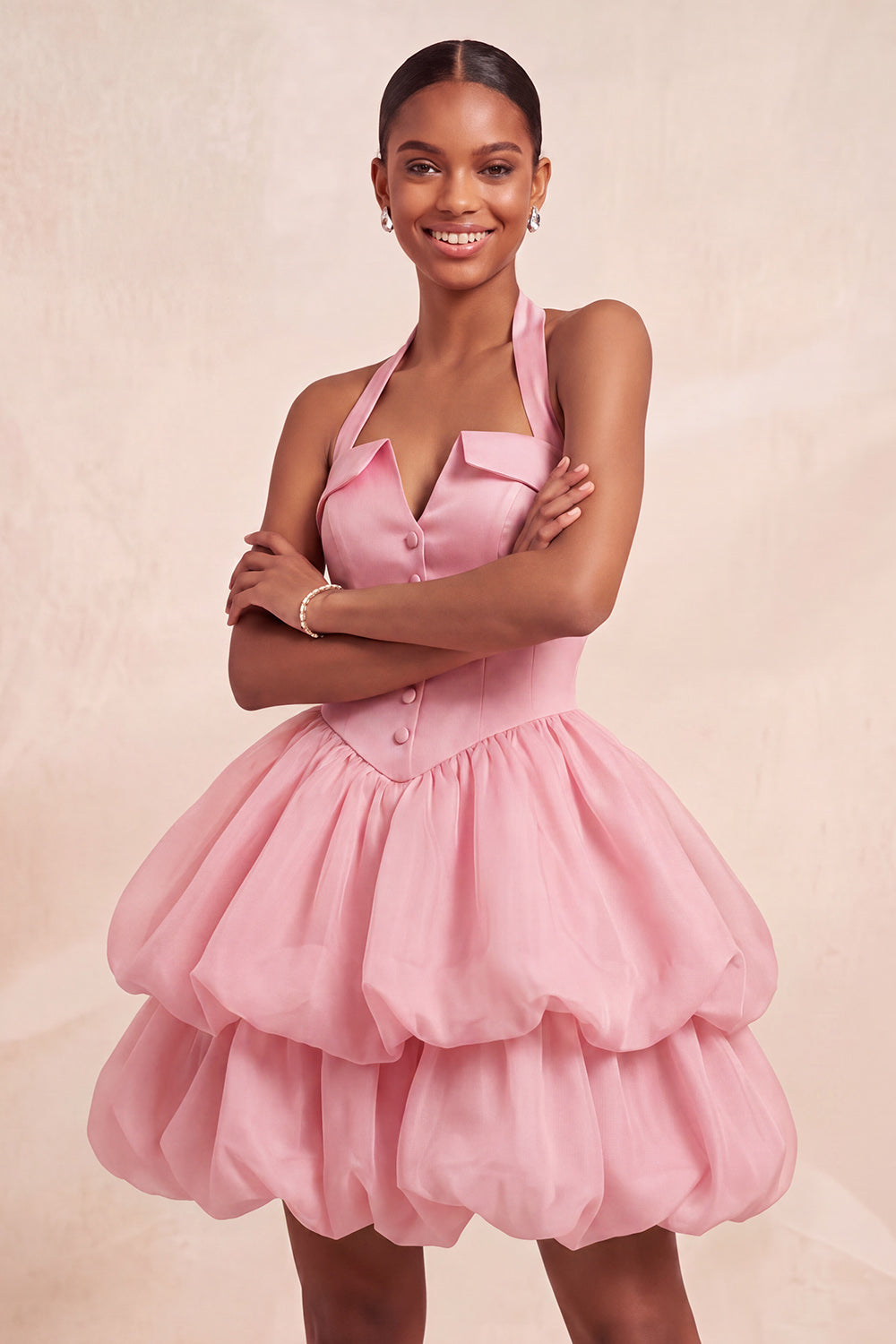 Pink Halter Tiered Short Corset Homecoming Dress with Covered Buttons