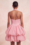 Pink Halter Tiered Short Corset Homecoming Dress with Covered Buttons