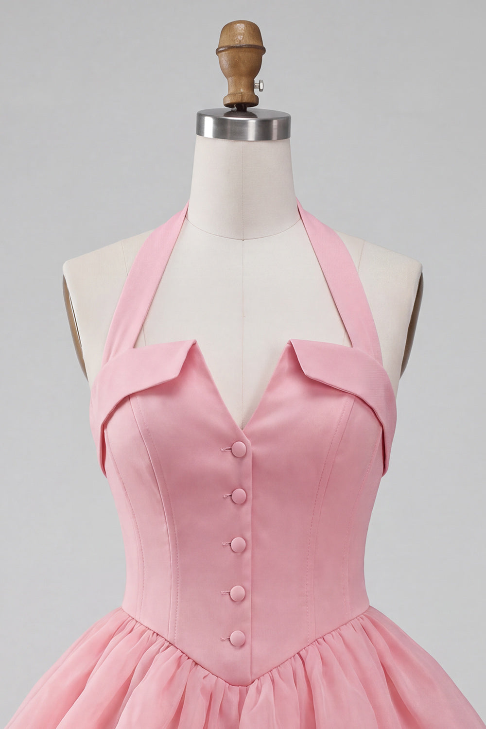 Pink Halter Tiered Short Corset Homecoming Dress with Covered Buttons
