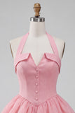 Pink Halter Tiered Short Corset Homecoming Dress with Covered Buttons