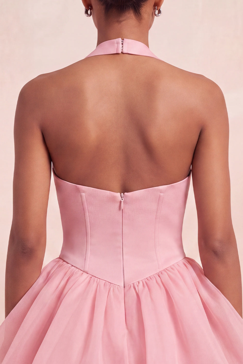 Pink Halter Tiered Short Corset Homecoming Dress with Covered Buttons