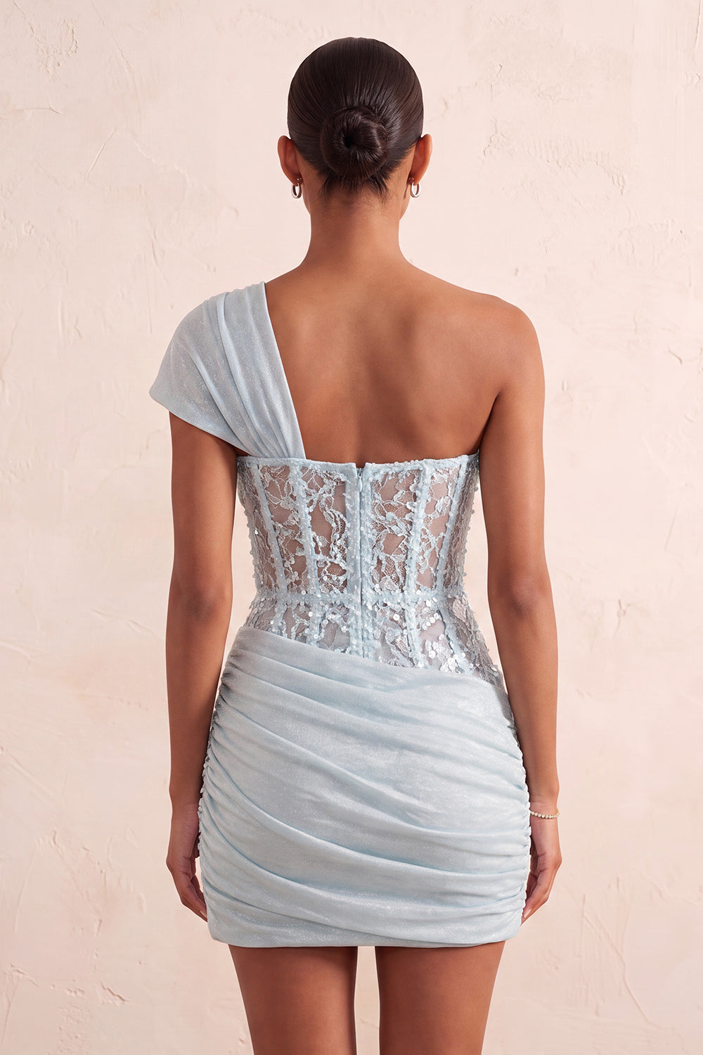 Olive Sequin One Shoulder Tight Short Corset Homecoming Dress with Lace