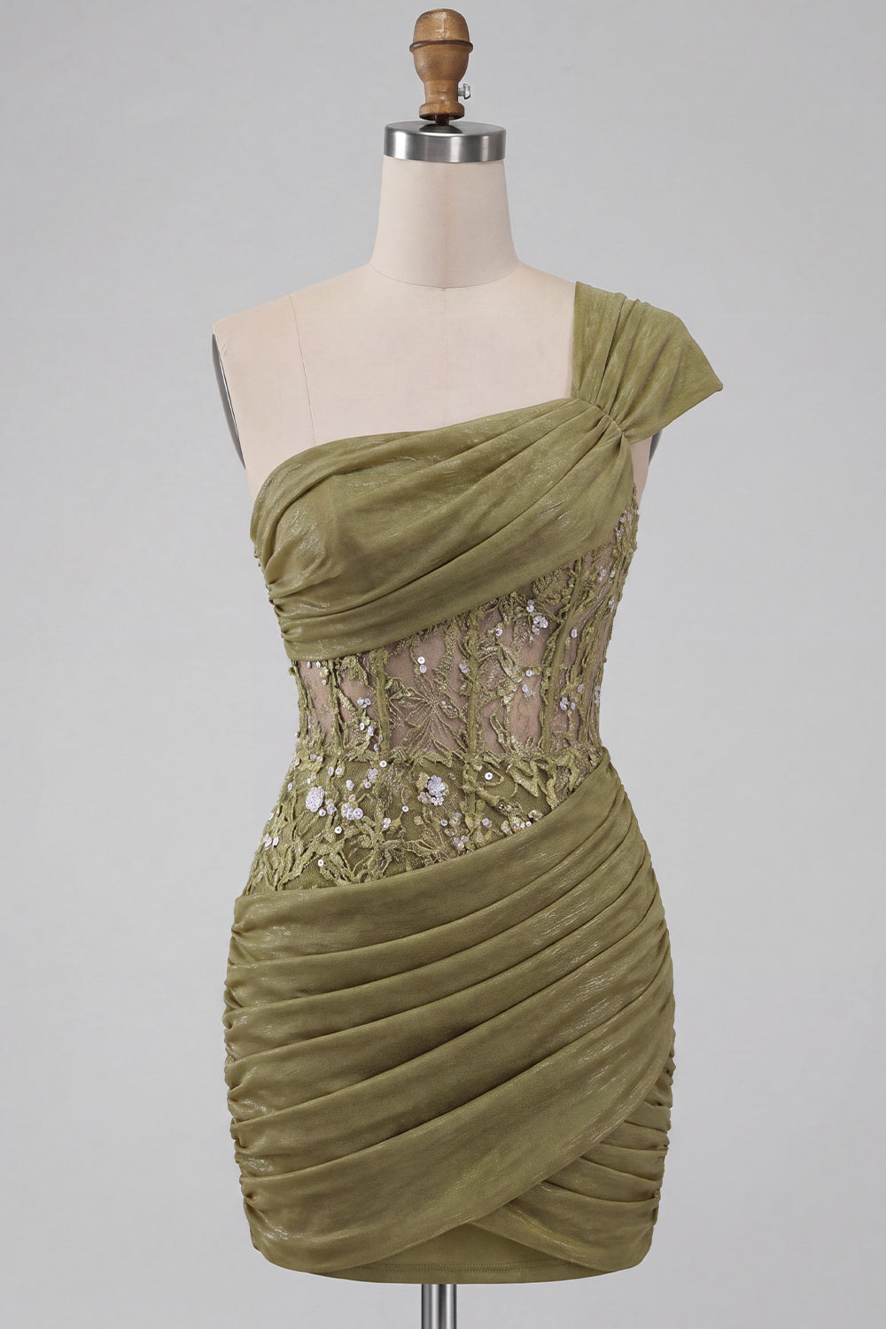 Olive Sequin One Shoulder Tight Short Corset Homecoming Dress with Lace