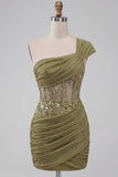 Olive Sequin One Shoulder Tight Short Corset Homecoming Dress with Lace
