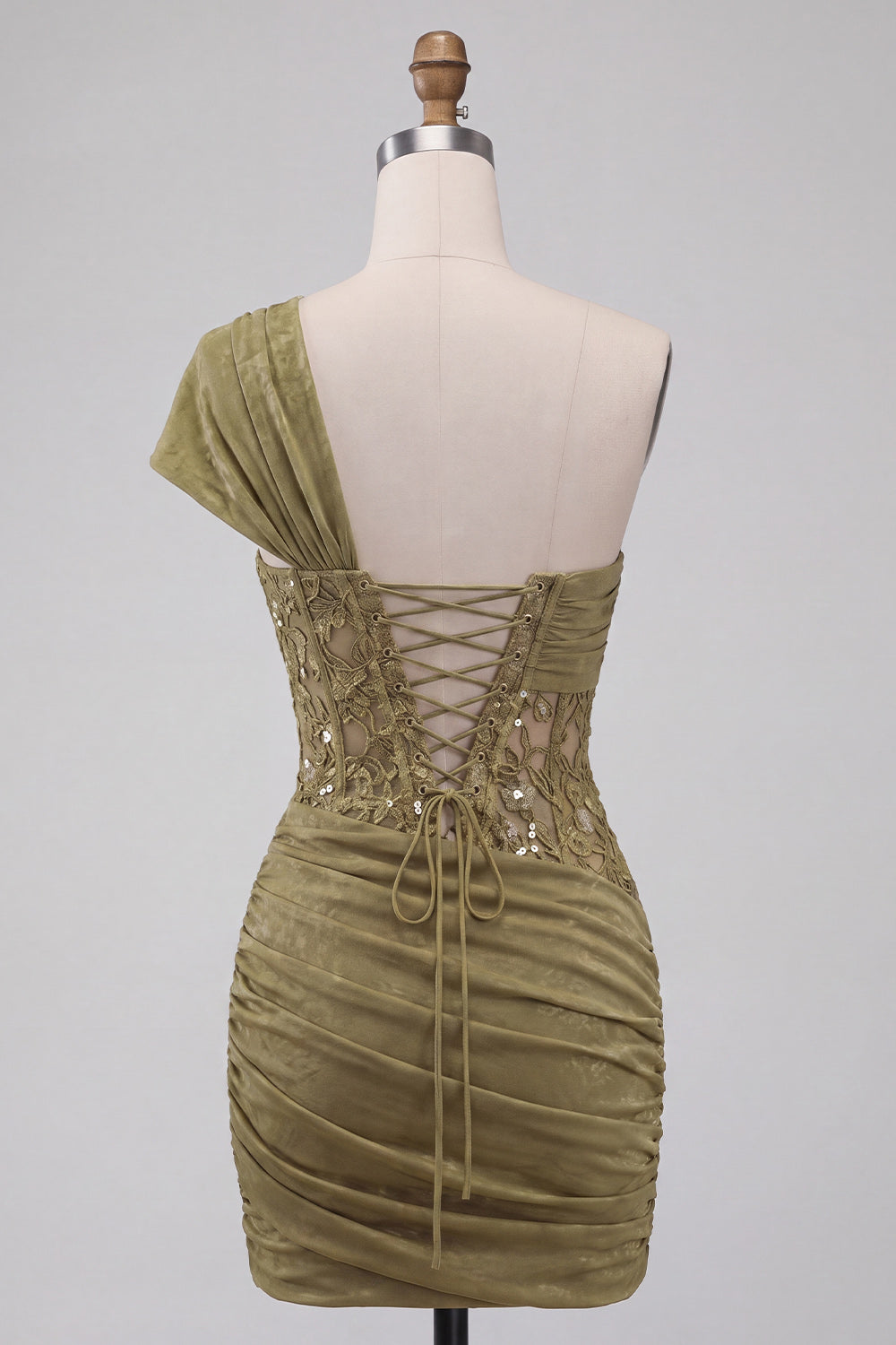 Olive Sequin One Shoulder Tight Short Corset Homecoming Dress with Lace