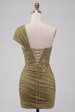 Olive Sequin One Shoulder Tight Short Corset Homecoming Dress with Lace