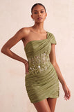 Olive Sequin One Shoulder Tight Short Corset Homecoming Dress with Lace