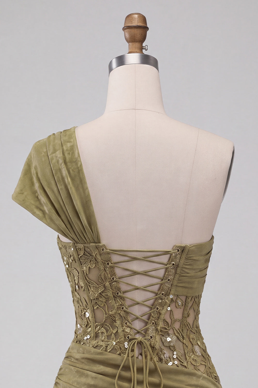 Olive Sequin One Shoulder Tight Short Corset Homecoming Dress with Lace
