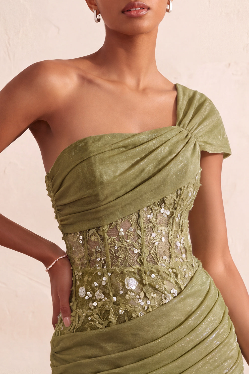 Olive Sequin One Shoulder Tight Short Corset Homecoming Dress with Lace