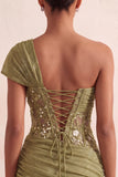 Olive Sequin One Shoulder Tight Short Corset Homecoming Dress with Lace