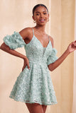 Olive Floral A-Line Cold Shoulder Puff Sleeves Short Corset Homecoming Dress