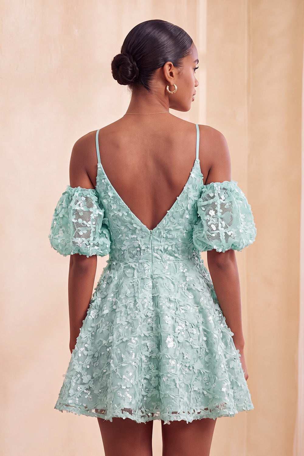 Olive Floral A-Line Cold Shoulder Puff Sleeves Short Corset Homecoming Dress