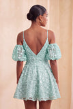 Olive Floral A-Line Cold Shoulder Puff Sleeves Short Corset Homecoming Dress
