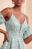 Olive Floral A-Line Cold Shoulder Puff Sleeves Short Corset Homecoming Dress