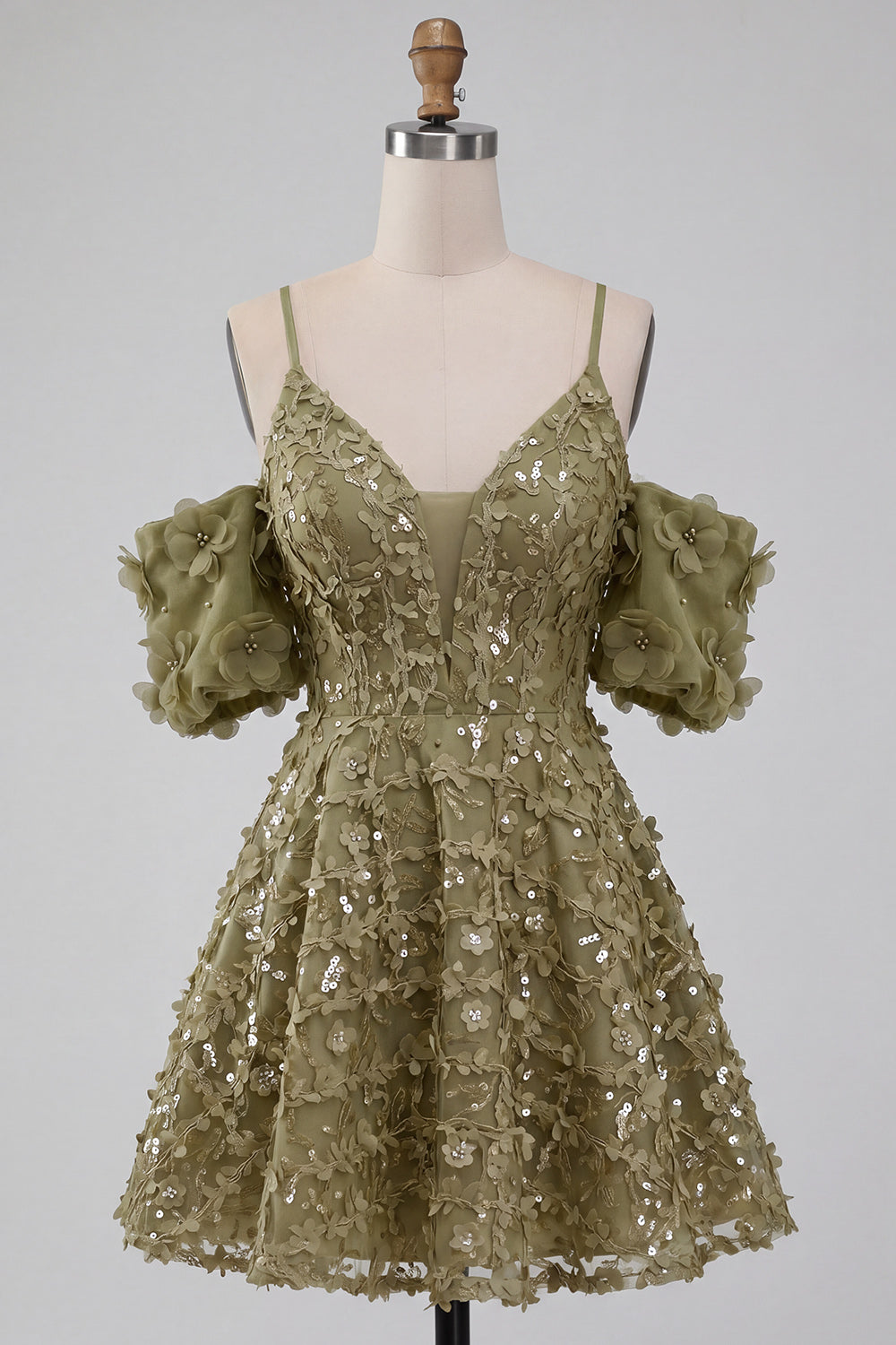 Olive Floral A-Line Cold Shoulder Puff Sleeves Short Corset Homecoming Dress