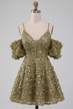 Olive Floral A-Line Cold Shoulder Puff Sleeves Short Corset Homecoming Dress