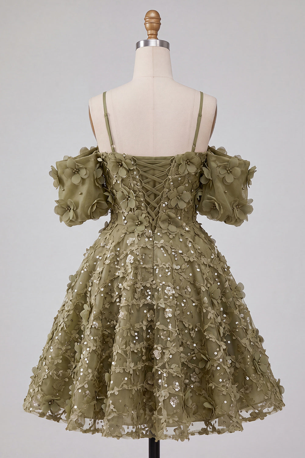 Olive Floral A-Line Cold Shoulder Puff Sleeves Short Corset Homecoming Dress
