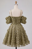 Olive Floral A-Line Cold Shoulder Puff Sleeves Short Corset Homecoming Dress