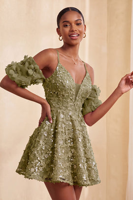 Olive Floral A-Line Cold Shoulder Puff Sleeves Short Corset Homecoming Dress