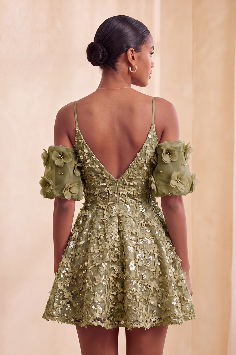 Olive Floral A-Line Cold Shoulder Puff Sleeves Short Corset Homecoming Dress