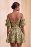 Olive Floral A-Line Cold Shoulder Puff Sleeves Short Corset Homecoming Dress