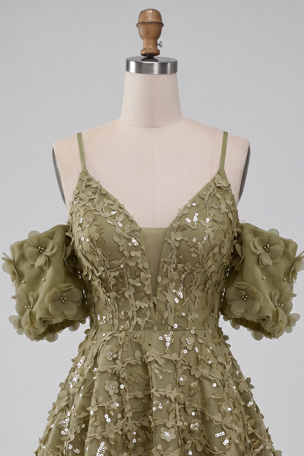 Olive Floral A-Line Cold Shoulder Puff Sleeves Short Corset Homecoming Dress