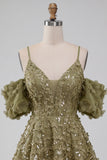 Olive Floral A-Line Cold Shoulder Puff Sleeves Short Corset Homecoming Dress