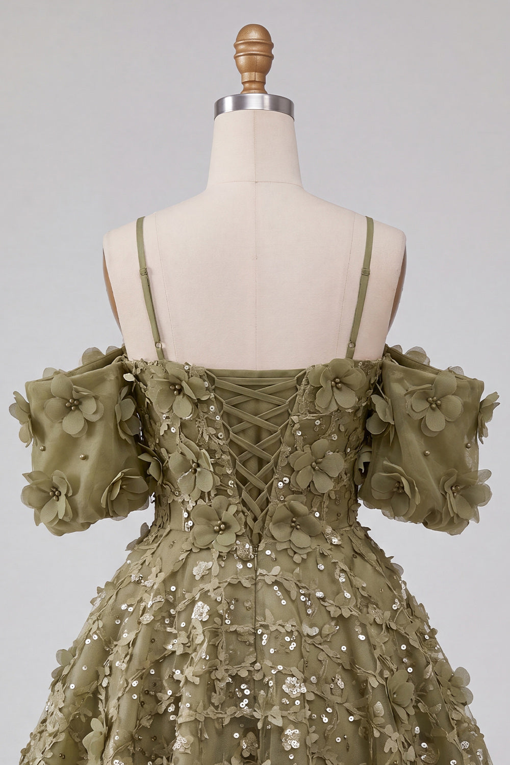 Olive Floral A-Line Cold Shoulder Puff Sleeves Short Corset Homecoming Dress