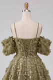Olive Floral A-Line Cold Shoulder Puff Sleeves Short Corset Homecoming Dress