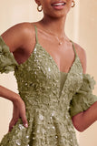 Olive Floral A-Line Cold Shoulder Puff Sleeves Short Corset Homecoming Dress