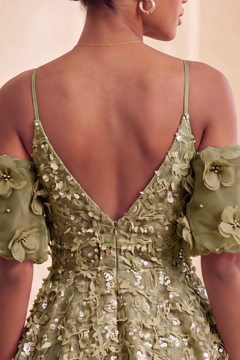 Olive Floral A-Line Cold Shoulder Puff Sleeves Short Corset Homecoming Dress