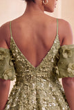 Olive Floral A-Line Cold Shoulder Puff Sleeves Short Corset Homecoming Dress