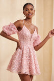 Olive Floral A-Line Cold Shoulder Puff Sleeves Short Corset Homecoming Dress