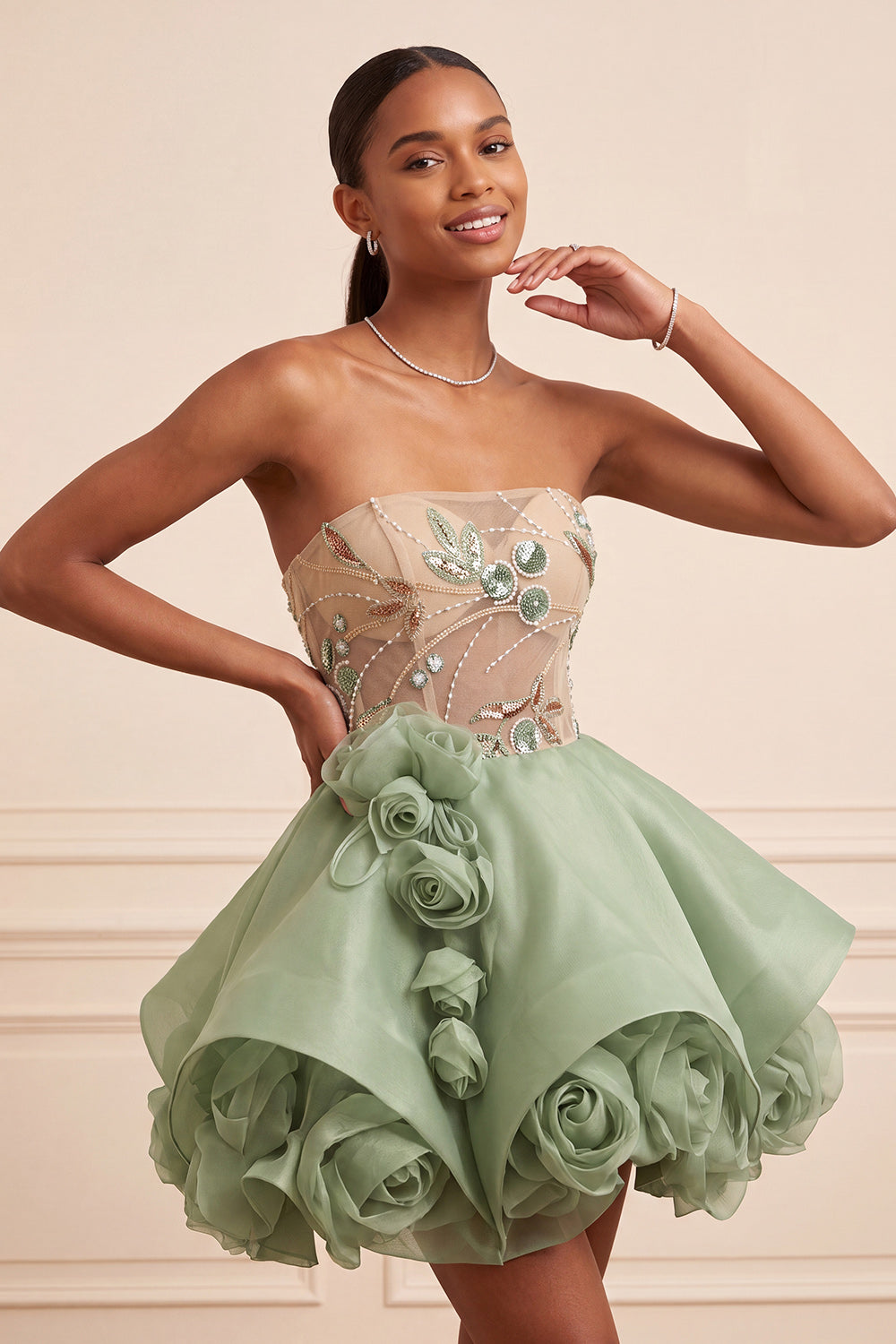 Dusty Sage A Line Corset Sparkly Short Beaded Homecoming Dress with 3D Flowers