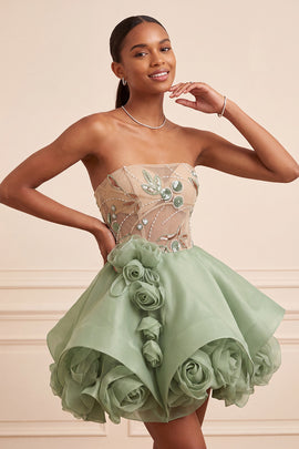 Dusty Sage A Line Corset Sparkly Short Beaded Homecoming Dress with 3D Flowers