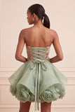 Dusty Sage A Line Corset Sparkly Short Beaded Homecoming Dress with 3D Flowers