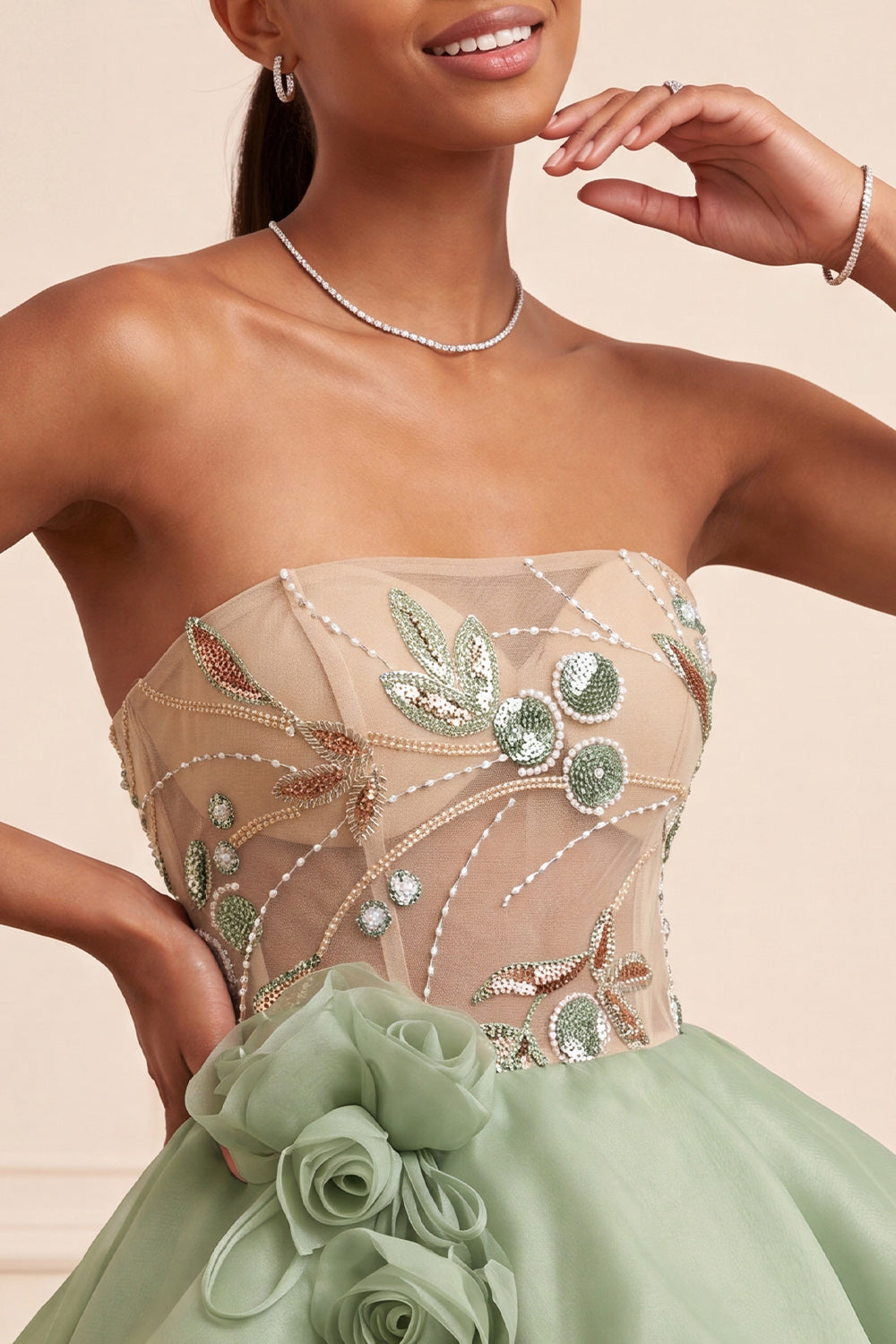 Dusty Sage A Line Corset Sparkly Short Beaded Homecoming Dress with 3D Flowers