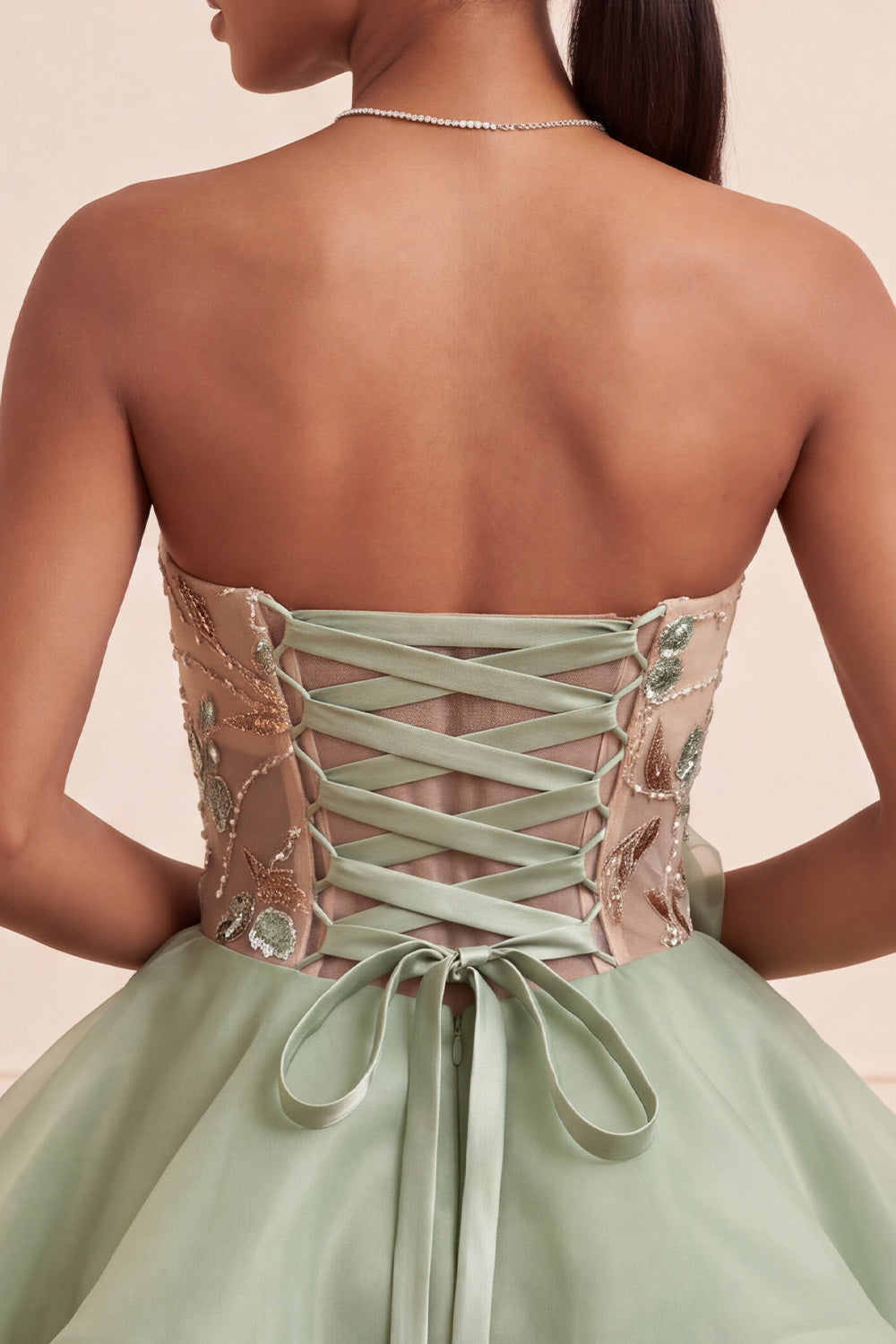 Dusty Sage A Line Corset Sparkly Short Beaded Homecoming Dress with 3D Flowers