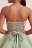Dusty Sage A Line Corset Sparkly Short Beaded Homecoming Dress with 3D Flowers