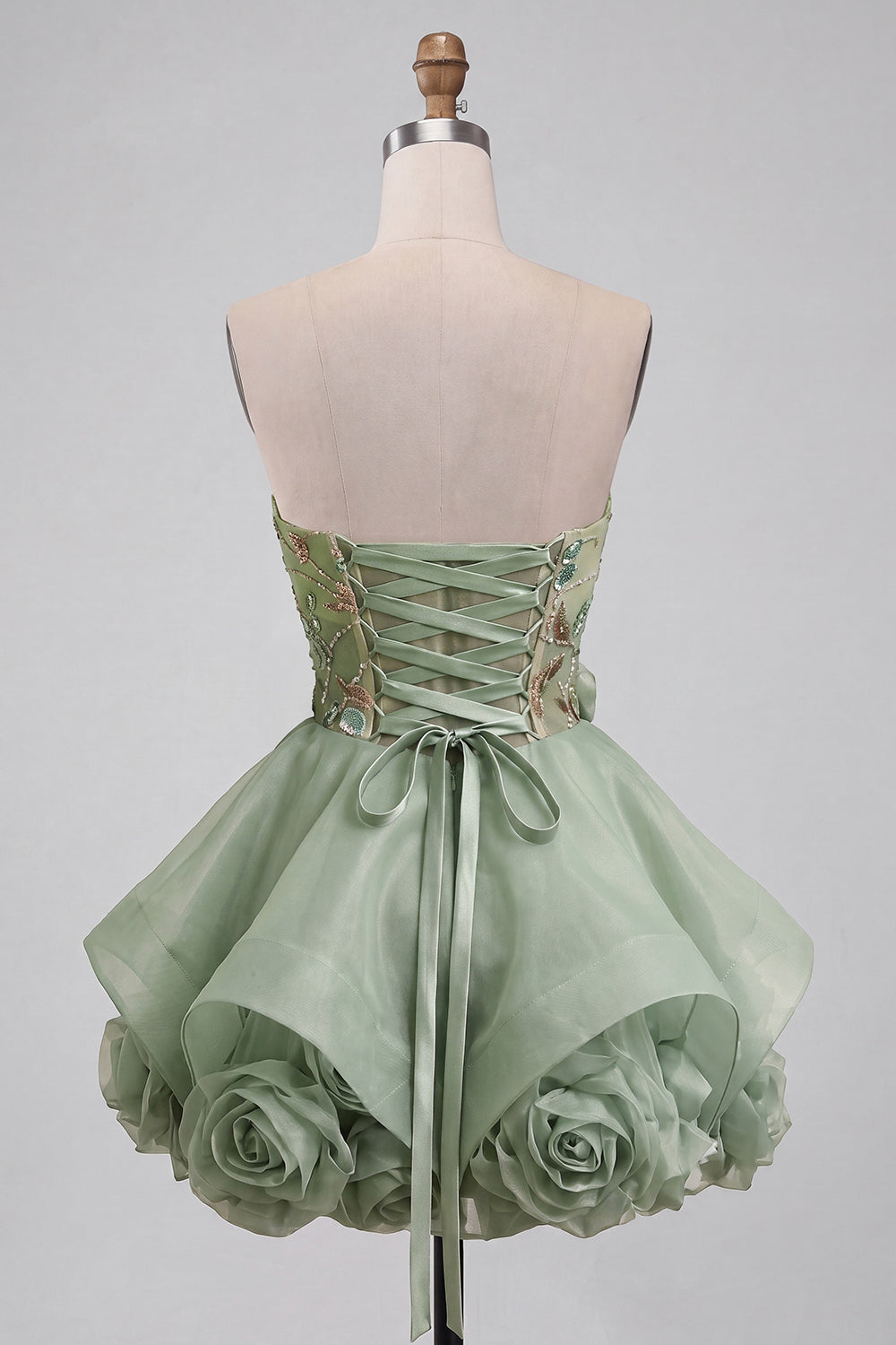 Dusty Sage A Line Corset Sparkly Short Beaded Homecoming Dress with 3D Flowers