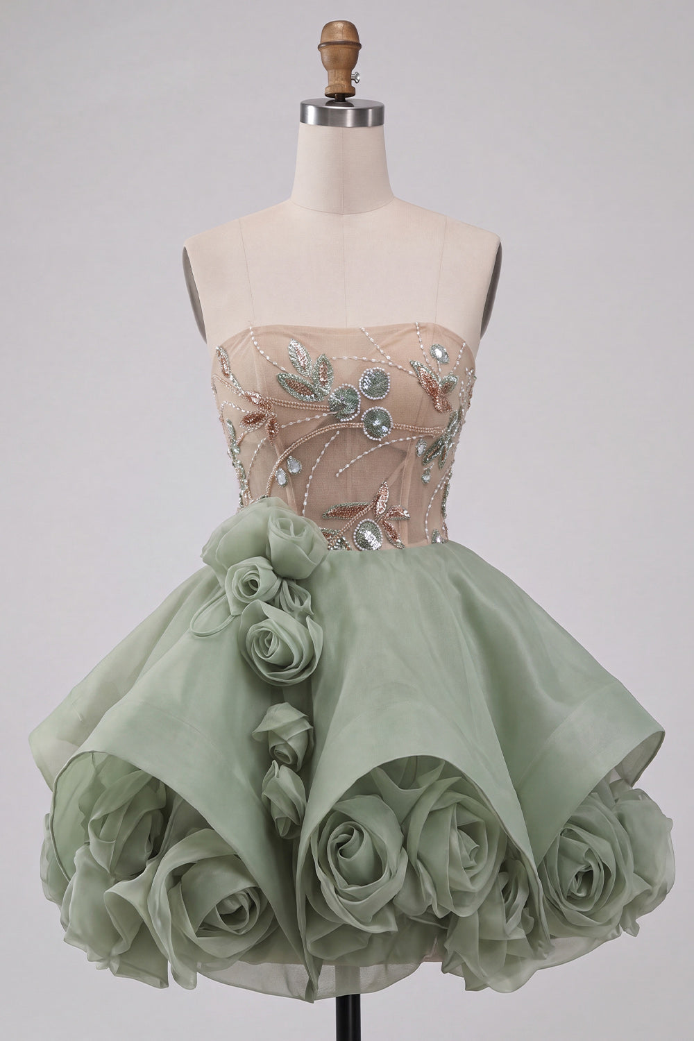 Dusty Sage A Line Corset Sparkly Short Beaded Homecoming Dress with 3D Flowers