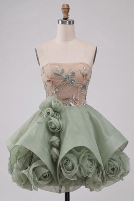 Dusty Sage A Line Corset Sparkly Short Beaded Homecoming Dress with 3D Flowers