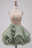 Dusty Sage A Line Corset Sparkly Short Beaded Homecoming Dress with 3D Flowers