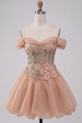 Light Pink Floral A Line Beaded Corset Short Homecoming Dress