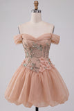 Light Pink Floral A Line Beaded Corset Short Homecoming Dress