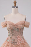Light Pink Floral A Line Beaded Corset Short Homecoming Dress