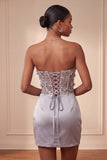 Light Grey Corset Ruched Tight Short Homecoming Dress with 3D Flowers
